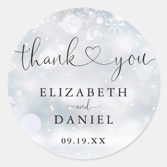 Sticker Rond Hiver Coeur Script Merci Mariage Faveur (Devant)