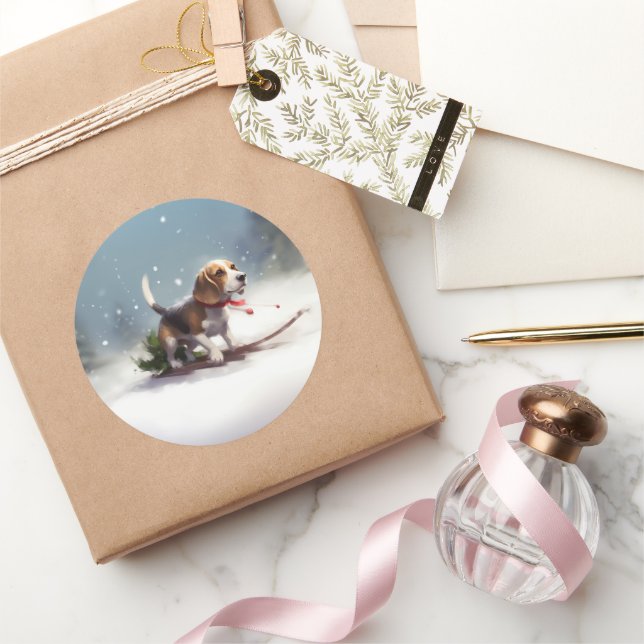 Sticker Rond hiver de neige de Noël beagle (Cadeaux)