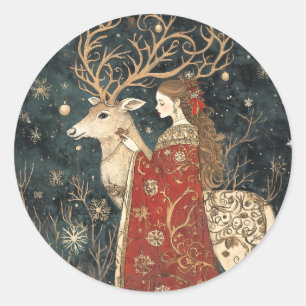 Sticker Rond Hiver enchanté : Le Maiden et le Stag