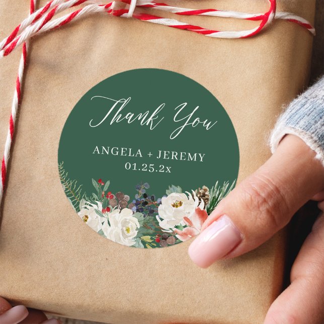 Sticker Rond Hiver Floral Holly Berries Merci de vacances (Créateur téléchargé)