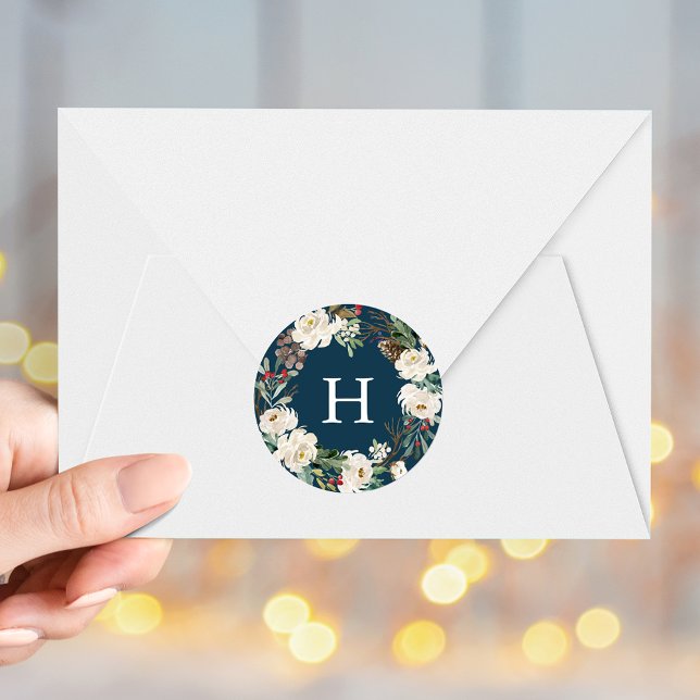 Sticker Rond Hiver Floral Wreath Marine Monogram Holiday (Créateur téléchargé)