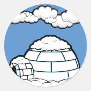 STICKER ROND HIVER IGLOO NEIGE BLEU SKY WHITE CLOUDS CARTOON