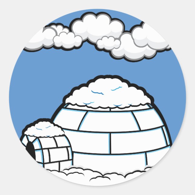 STICKER ROND HIVER IGLOO NEIGE BLEU SKY WHITE CLOUDS CARTOON (Devant)