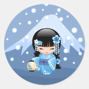 Sticker Rond Hiver Kokeshi poupée Blue Mountain Geisha Girl