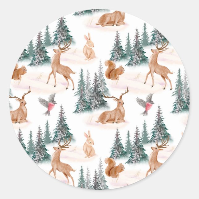 Sticker Rond Hiver Merveilles Bois Animaux Noël (Devant)