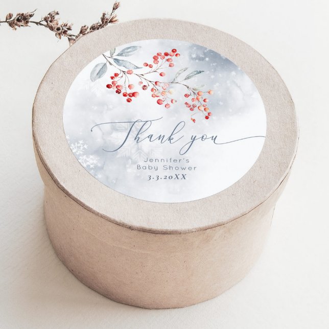Sticker Rond Hiver neige bleu poussiéreux Berry Merci (Créateur téléchargé)
