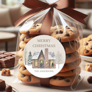 Sticker Rond Hiver Neige Maison Pine Arbre Joyeux Noël Nom