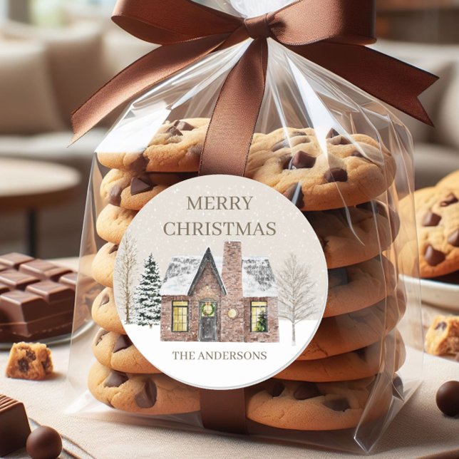 Sticker Rond Hiver Neige Maison Pine Arbre Joyeux Noël Nom ("Merry Christmas" winter snow gift sticker)