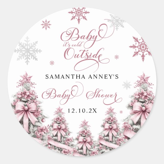 Sticker Rond Hiver Noël Arbres Snowflakes Baby shower rose (Devant)