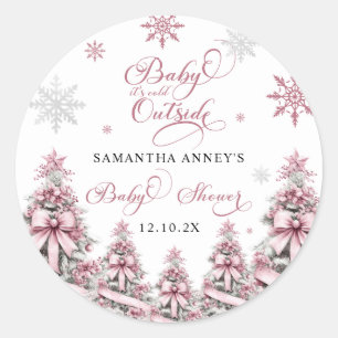 Sticker Rond Hiver Noël Arbres Snowflakes Baby shower rose