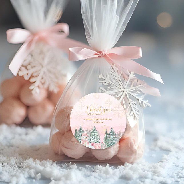 Sticker Rond Hiver ONE derland Snowman Girl Anniversaire rose (Créateur téléchargé)