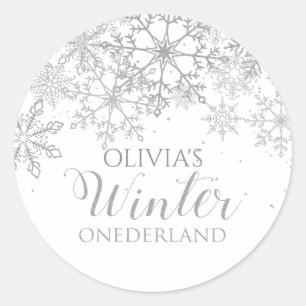 Sticker Rond Hiver Onederland 1er anniversaire Flocons d'argent