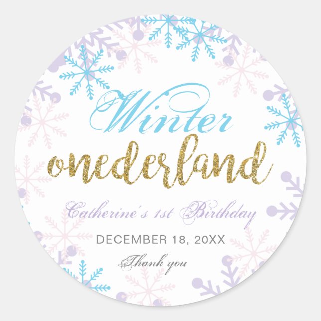 Sticker Rond Hiver Onederland 1er Anniversaire Snowflakes migno (Devant)