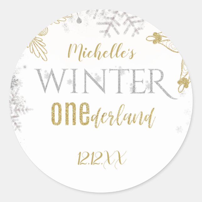 Sticker Rond Hiver Onederland Anniversaire Silver Gold Snowflak (Devant)