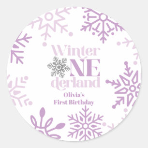 Sticker Rond Hiver Onederland Flocon de Neige Violet 1er Annive