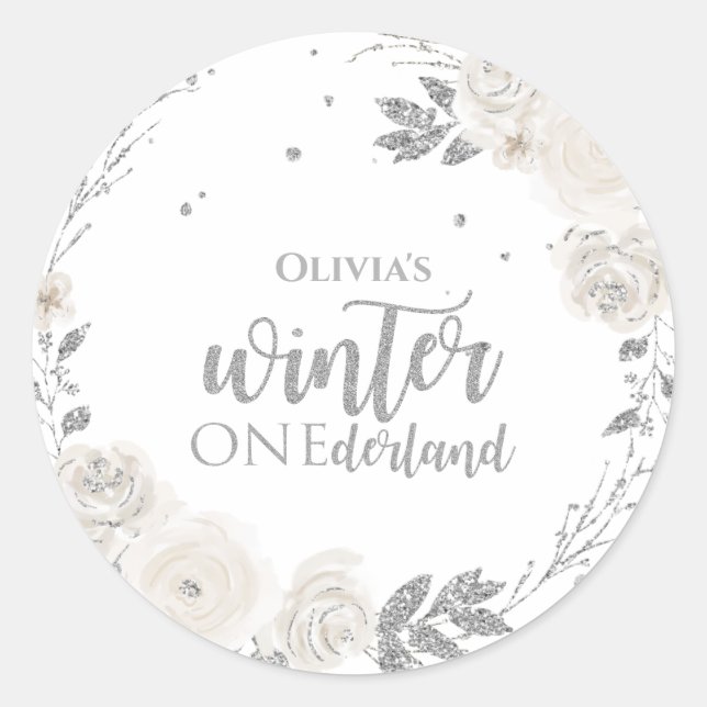 Sticker Rond Hiver Onederland Parties scintillant d'argent Flor (Devant)
