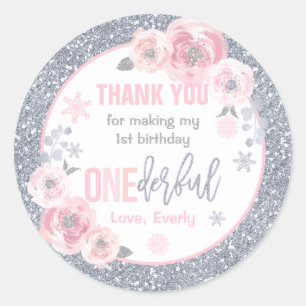 Sticker Rond Hiver ONEderland Rose et argent Anniversaire Faveu