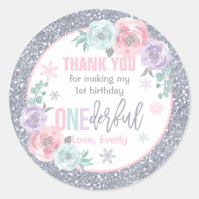 Sticker Rond Hiver ONEderland Rose et argent Anniversaire Faveu (Devant)
