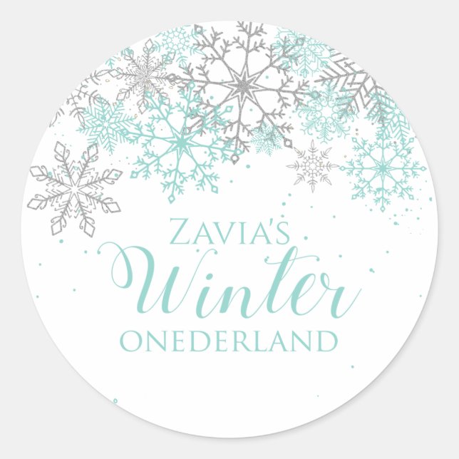 Sticker Rond Hiver Onederland Turquoise Argent Premier annivers (Devant)