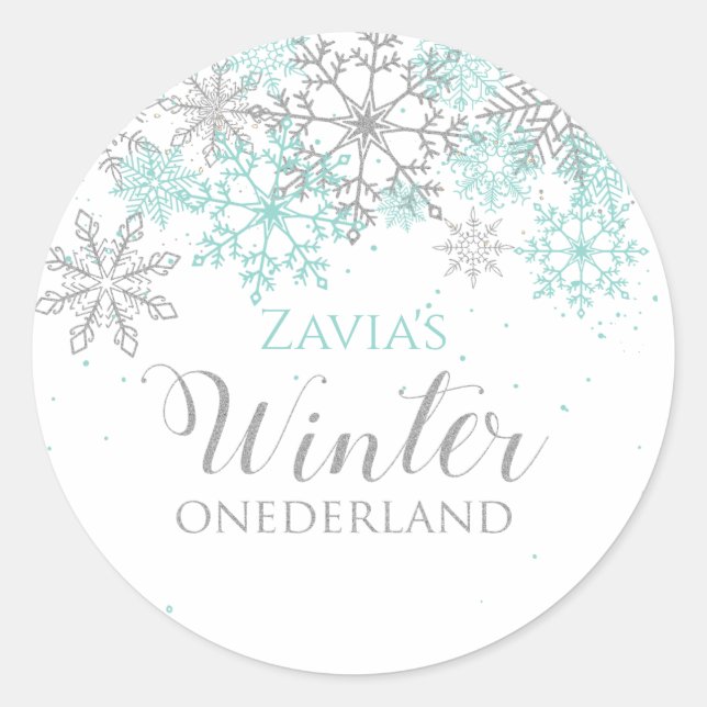 Sticker Rond Hiver Onederland Turquoise Argent Premier annivers (Devant)