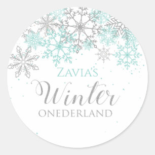 Sticker Rond Hiver Onederland Turquoise Argent Premier annivers