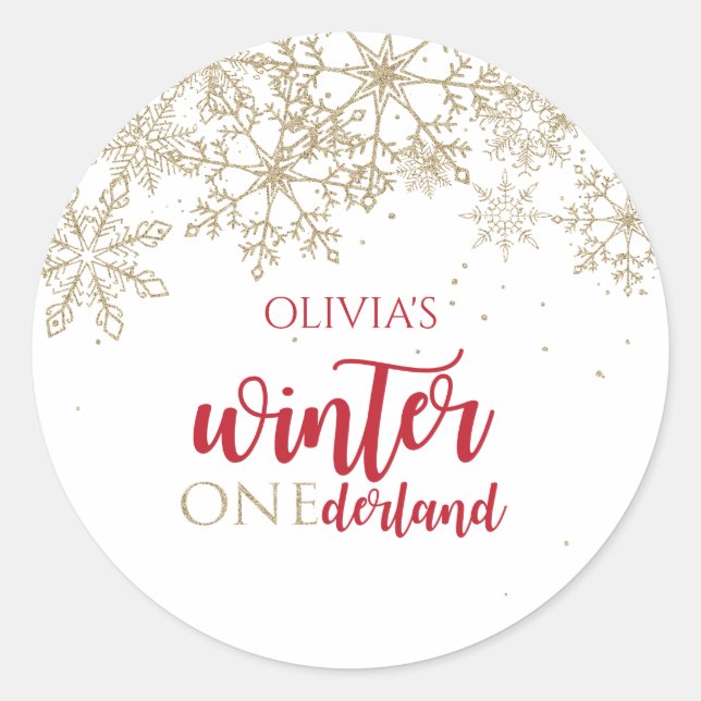 Sticker Rond Hiver ONEdernald Red and Gold Snowflake Anniversai (Devant)