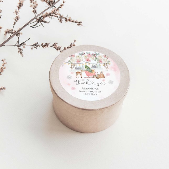Sticker Rond Hiver Pink Woodland Animaux Fille Baby shower (Créateur téléchargé)