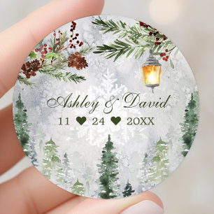 Sticker Rond Hiver Pins Rustiques Lanterne Mariage botanique