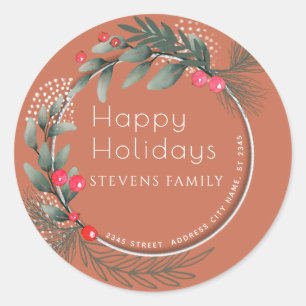 Sticker Rond Hiver Végétation Sainte aquarelle Joyeux Vacances