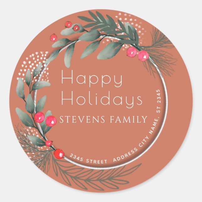 Sticker Rond Hiver Végétation Sainte aquarelle Joyeux Vacances (Devant)