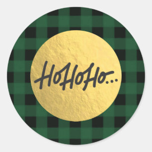 Sticker Rond HO HO HO Christmas Buffalo Plaid Gold Foil