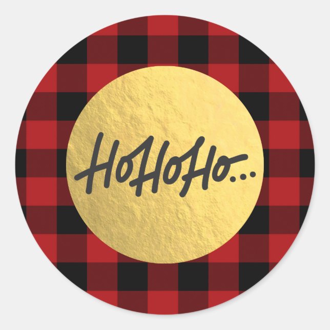 Sticker Rond HO HO HO Christmas Buffalo Plaid Gold Foil (Devant)