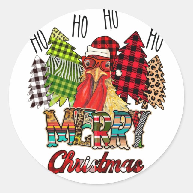 Sticker Rond HO HO HO Merry Christmas Chicken Farmer Tree Plaid (Devant)
