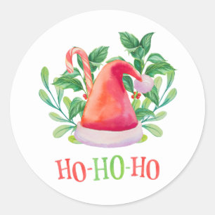 Sticker Rond Ho Ho Ho. Noël aquarelle fleuri. Père Noël