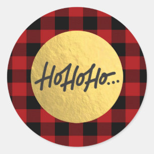 Sticker Rond HO HO HO Noël Fêtes Plaid Buffle Feuille d'Or