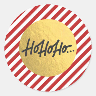 Sticker Rond HO HO HO Noël Fêtes Rayures Rouges Feuille d'Or