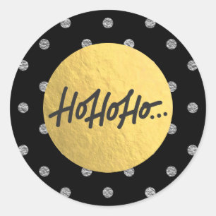Sticker Rond HO HO HO Noël Points de Polka Argentés Feuille d'O