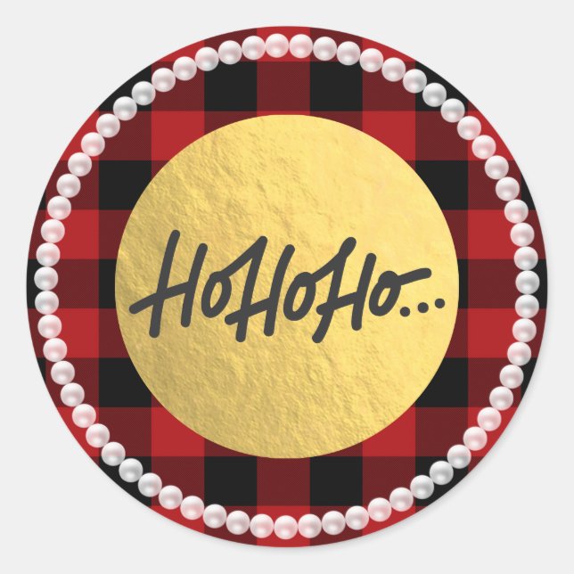 Sticker Rond HO HO HO Perles de Noël Buffalo Plaid Or Feuille (Devant)