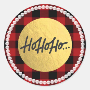 Sticker Rond HO HO HO Perles de Noël Plaid de Buffalo Feuille d