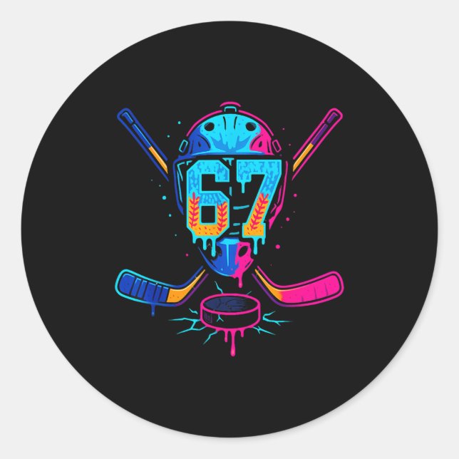 Sticker Rond Hockey Ice Cream Drip Number 67 Player 67th Birthd (Devant)