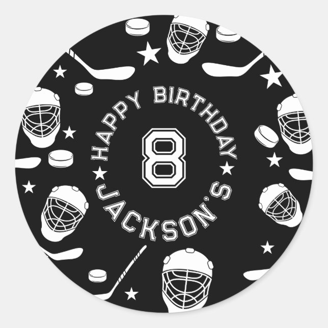 Sticker Rond Hockey noir et blanc Anniversaire de enfant à thèm (Devant)