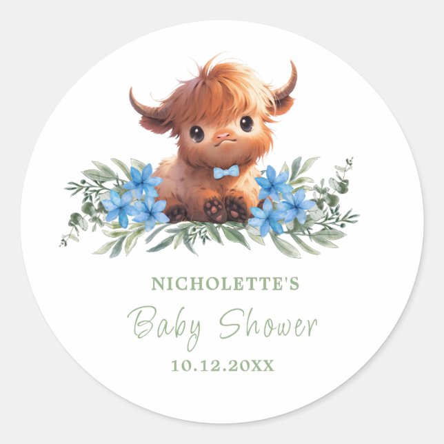 STICKER ROND HOCOW HIGHLAND BABY SHOWER BLEU MODERNE MODERNE (Devant)