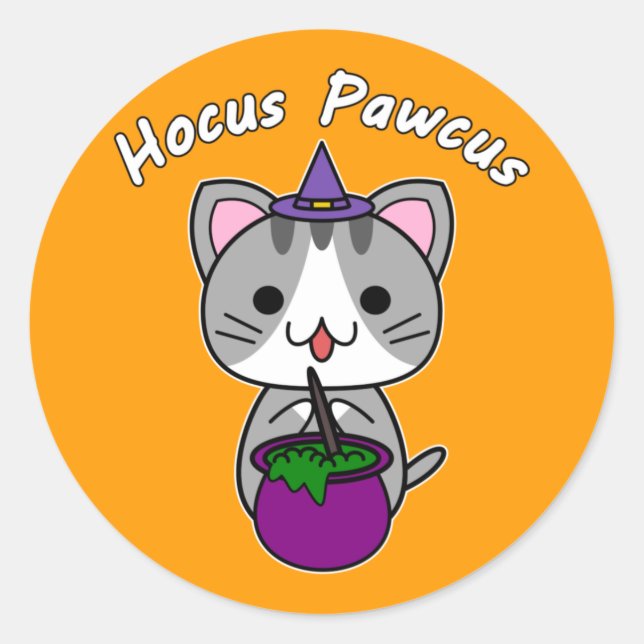 Sticker Rond Hocus Pawcus - Chat Gris Marbré - Écriture Blanche (Devant)