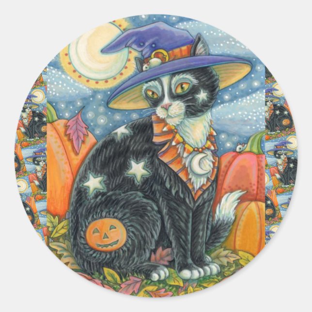 STICKER ROND HOCUS POCUS NOIR CAT WITCH & MOUSE HALLOWEEN (Devant)