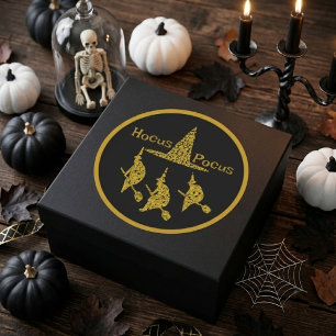 Sticker Rond Hocus Pocus Sorcières Dorées sur Balai Épouvantabl