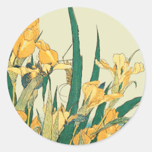 Sticker Rond Hokusai grasshopper et iris Japon