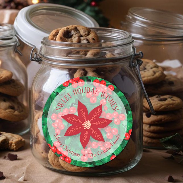 Sticker Rond Holiday baking (Holly Berries and Poinsettia  Christmas Homemade Holiday Baking 3" Round Stickers)