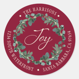 Sticker Rond Holiday Joy Wreath Burgundy Adresse de retour