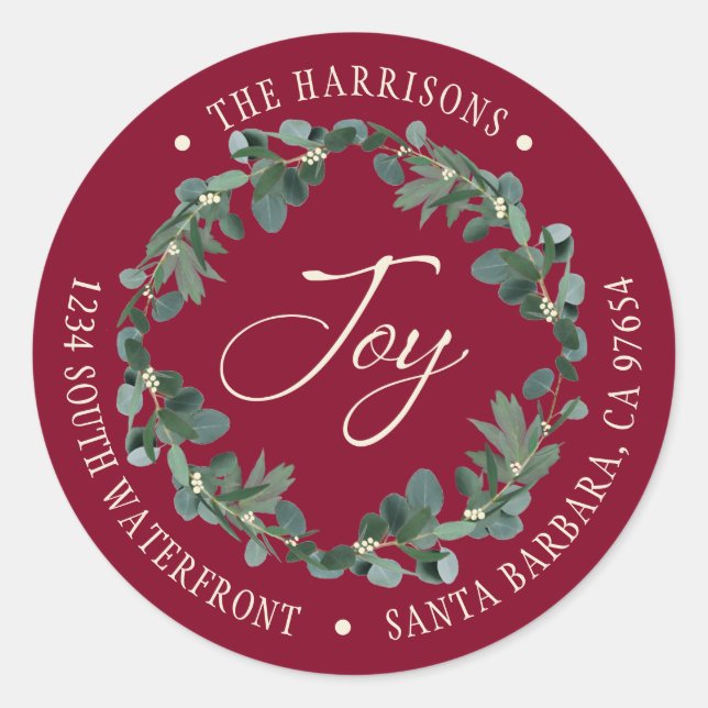 Sticker Rond Holiday Joy Wreath Burgundy Adresse de retour (Devant)