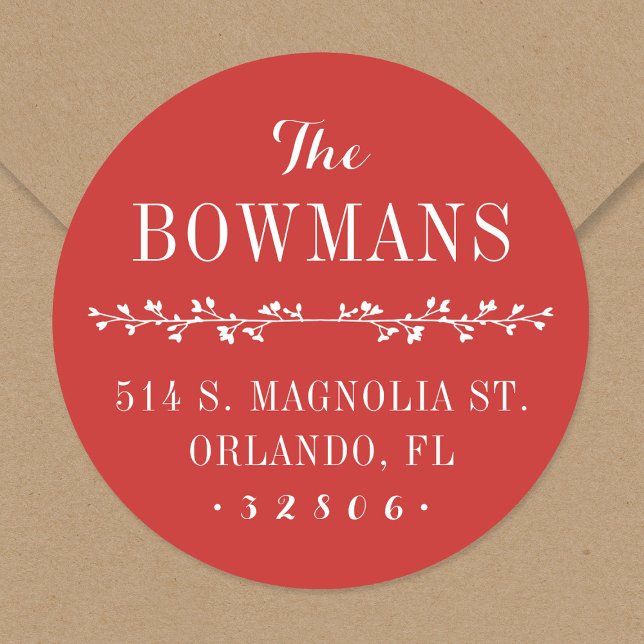 Sticker Rond Holiday Red Nom de famille Adresse de retour (Créateur téléchargé)